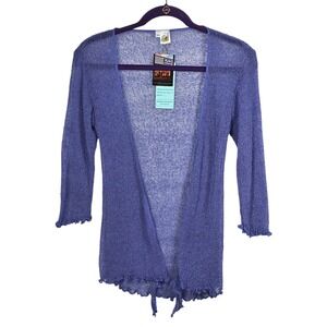 Sea & Sand Purple Open Knit Mesh Cardigan Lettuce Trim Rayon NWT Large Tie Front